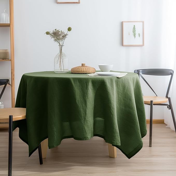 EVERLY 100% Pure Linen Round Tablecloth 90Inches for Dining,Buffet Parties,Picnic,Events,Weddings and Restaurants,Decorative Halloween,Thanksgiving Machine Washable Tablecloths-Olive Green