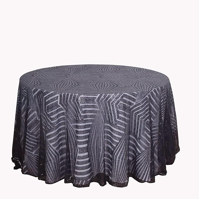 Efavormart 120" Black Sparkly Sequin Geometric Tulle Round Tablecloth