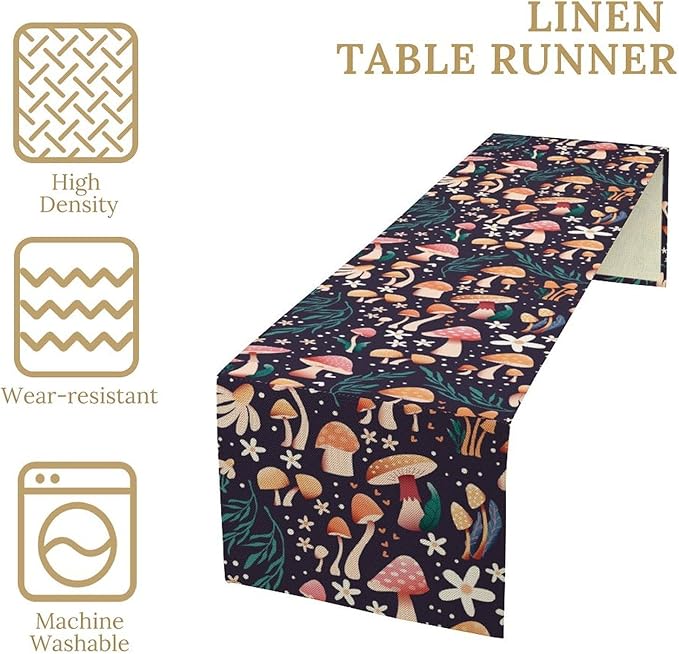 Mushroom Table Runner,Retro Forest Plant Table Cloth Farmhouse Kitchen Dining Table Decoration for Home Party Decor 13x90 Inch