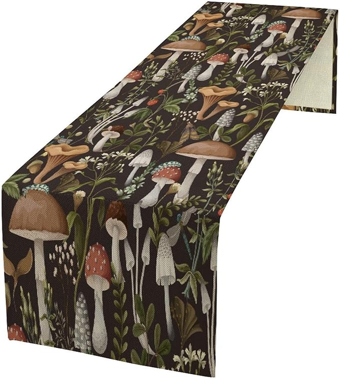 Mushroom Table Runner,Retro Forest Wildflower Botanical Plants Flower Art Pattern Print Burlap Hotel Indoors Outdoor Dining Room Kitchen Holiday Party, 13x70in