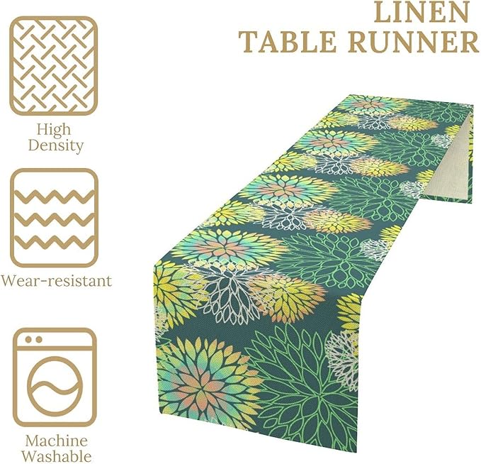 Green Dahlia Flower Table Runner, Linen Geometric Pattern Floral Table Decor Spring Farmhouse Decorations for Kitchen Dining Holiday Party Decor, 13x60 Inch