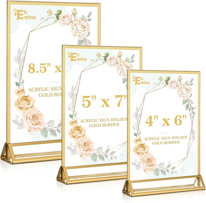 EHWINE 12 Pack Acrylic Sign Holder 5 x 7, Double Sided Gold Picture Frame Stand up Table Top Sign Holders, Clear Display Stand Menu Flyer Holder for Wedding Party (Provide Non-slip Mats)