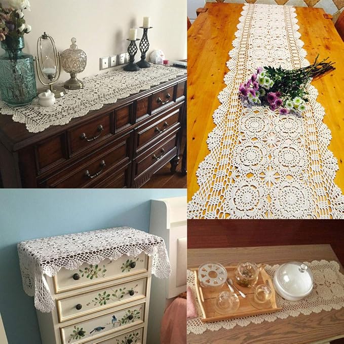 KEPSWET Cotton Handmade Crochet Lace Table Runner Black Rectangle Coffee Table Dresser Decor (14x60 inch)