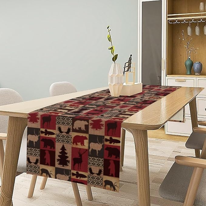Retro Rustic Bear Table Runner, Wild Bear Cabin Pine Farmhouse Table Runner for Bedroom Kitchen Living Room Vintage Country Style Lodge 13x36 Inch