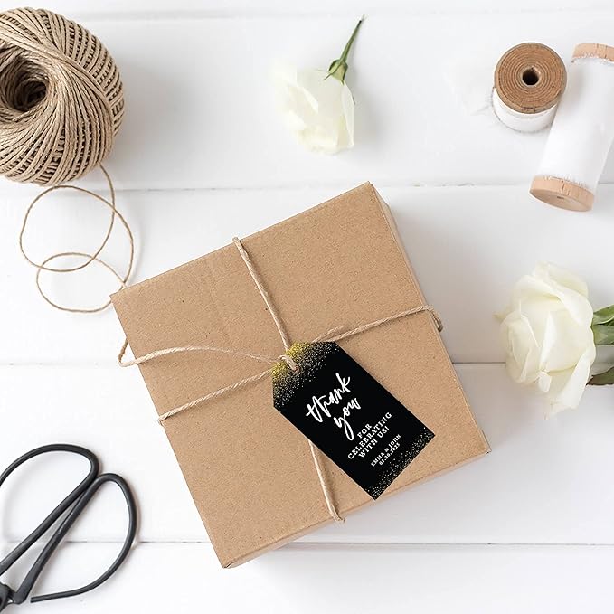 Andaz Press 100-Pack Personalized Thank You for Celebrating with Us Wedding Favor Tags with Bakers Twine Gold Glitter with Black Thank You Tags for Party Favors 2 X 3.75-Inches Custom Thank You Tags