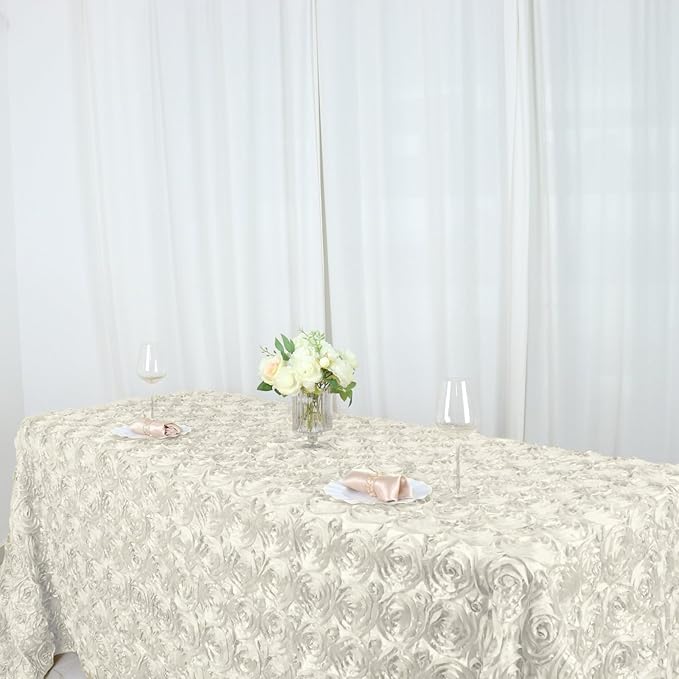 Efavormart 90"x132" Wholesale Rectangle Table Cover Ivory Grandiose Rosette 3D Satin Tablecloth for Wedding Party Event Decoration