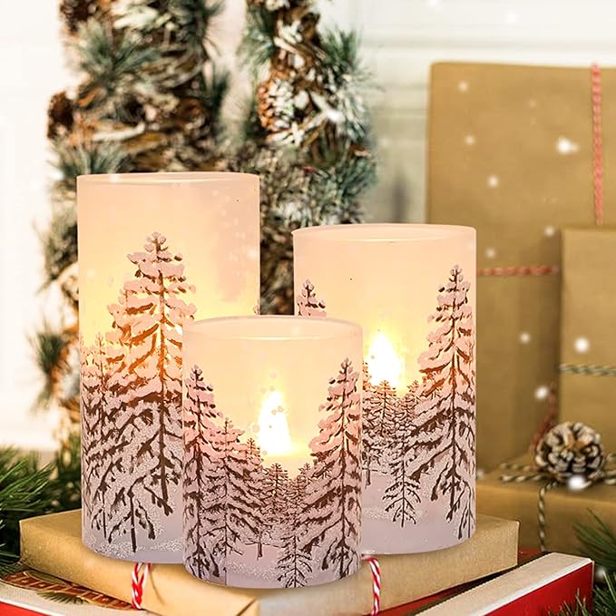 Silverstro Christmas Tree Flameless Candles with Remote Control & Timer Function, Real Wax Glass Candles, Home Party Wedding Holiday Xmas Decor, Set of 3