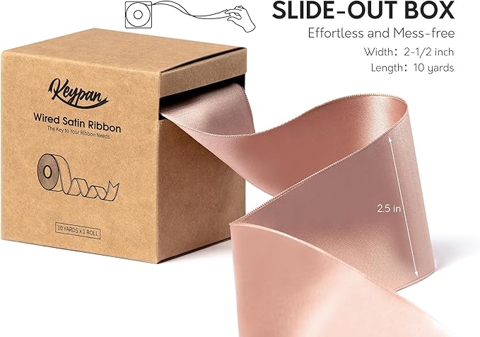 Rose Gold Satin Ribbon Double-Faced Wired Ribbons for Gift Wrapping Flower Bouquet Bows Wedding Invitation Christmas Decor Crafts 2-1/2 Inch 10 Yards