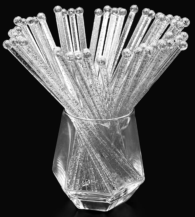 100-PCS Silver Glitter Plastic Swizzle Sticks, Crystal Cake Pops, Cocktail Coffee Drink Stirrers, Stir Sticks, 7.24 Inch