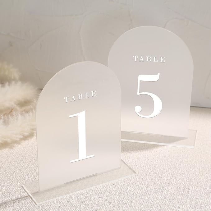 UNIQOOO Frosted Arch Wedding Table Numbers with Stands 1-30, 5x7" Acrylic Display Signs and Holders, Pack of 30, Perfect for Centerpiece, Reception, Decoration, Party, Anniversary, Event