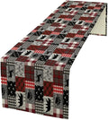 Rustic Farm Table Runner,Vintage Woodland Deer Bear Animal Buffalo Plaid Print Tablecloth Burlap for Hotel Indoors Outdoor Dining Room Kitchen Home Decor,W13X L70 in