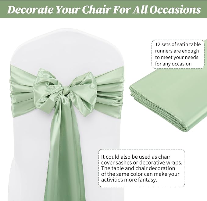 12 Pack Sage Green Satin Table Runner,12 x 108 inch Long Premium Smooth Table Runner for Wedding, Banquets, Birthday, Party, Graduation, Engagements, Table Runners fit Rectangle and Round Table