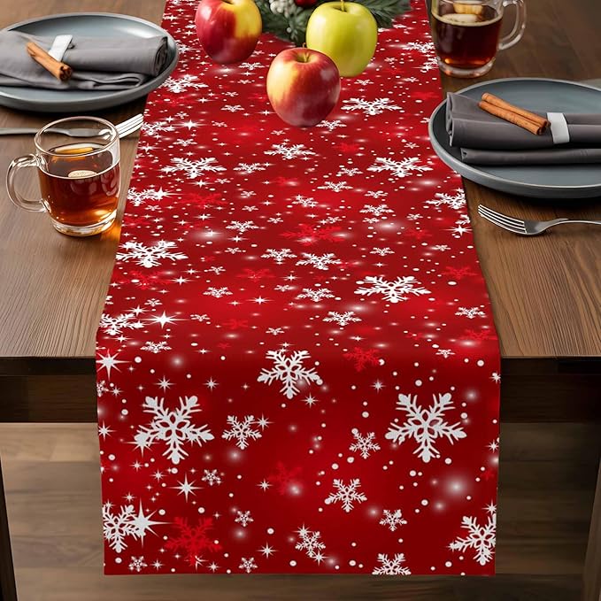 Christmas Snowflakes Cotton Linen Table Runner for Dining Kitchen, Red Xmas Winter Snow Wedding Outdoor Party Tablerunners Decoration, New Year Dresser Scarf Coffee Tablecloth Runners 13x90 Inches