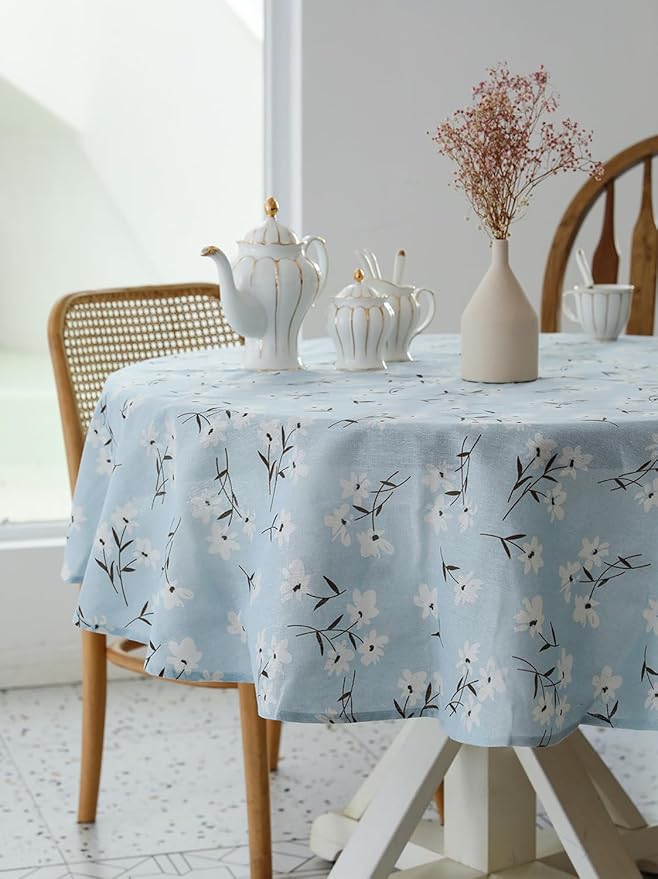 Pastoral Round Tablecloth - 60 Inch Dia. - Linen Fabric Table Cloth - Washable Table Cover with Dust-Proof Wrinkle Resistant for Restaurant, Picnic, Indoor and Outdoor Dining, Floral (Light Blue)