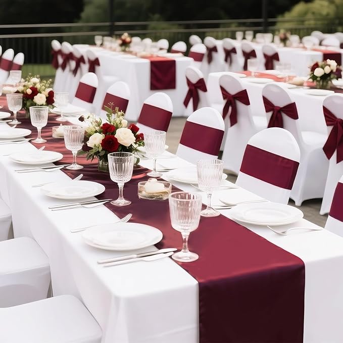 SHEJIZE 20 Pack Wine Red SatinTable Runner 12x108 Inches Long, Bright Silky Smooth Satin Table Runner Table Decor for Wedding Banquet Christmas Prom Event Birthday Party
