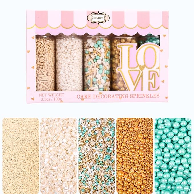 Confect Sprinkles- Fairytale Frozen Cake Decorating Sprinkles – Teal, White & Glittering Gold Pearl Dragees, Pearl Jimmies & White Sparkling Sugar – Edible Sprinkle Mix for Cakes, Cupcakes, Cookies & Party Desserts- Vegan, Gluten-Free, Nut-Free, Soy-Fr...
