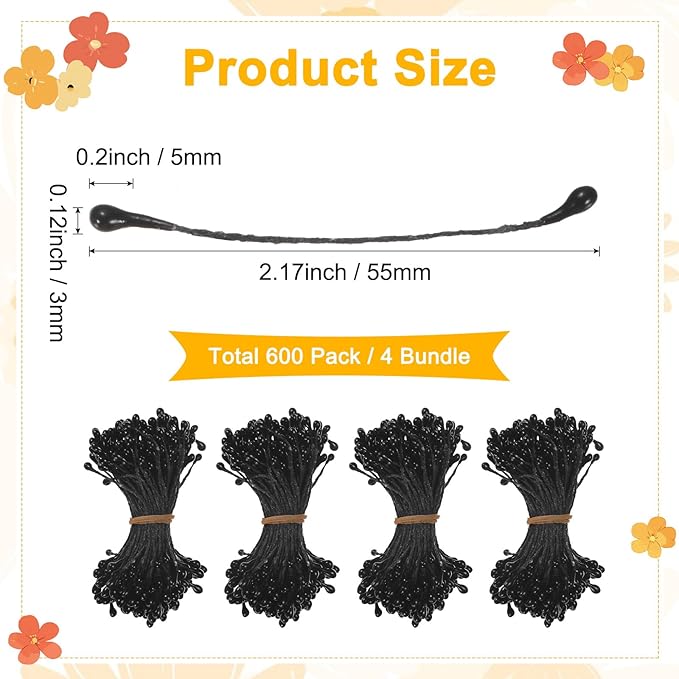 600-Pack Flower Stamens for Crafts, 5mm Double Heads Artificial Pearl Floral Pistil Mini Flower Pollens Stamens for DIY Making/Wedding/Scrapbook Decoration [Black]