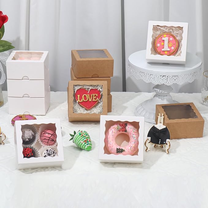 100-Pack 4X4X2 Elegant White Bakery Boxes - Treat/Cookie/Truffle Boxes for Mini Cakes, Pies & Cinnamon Rolls - Wedding Party Favor Packaging