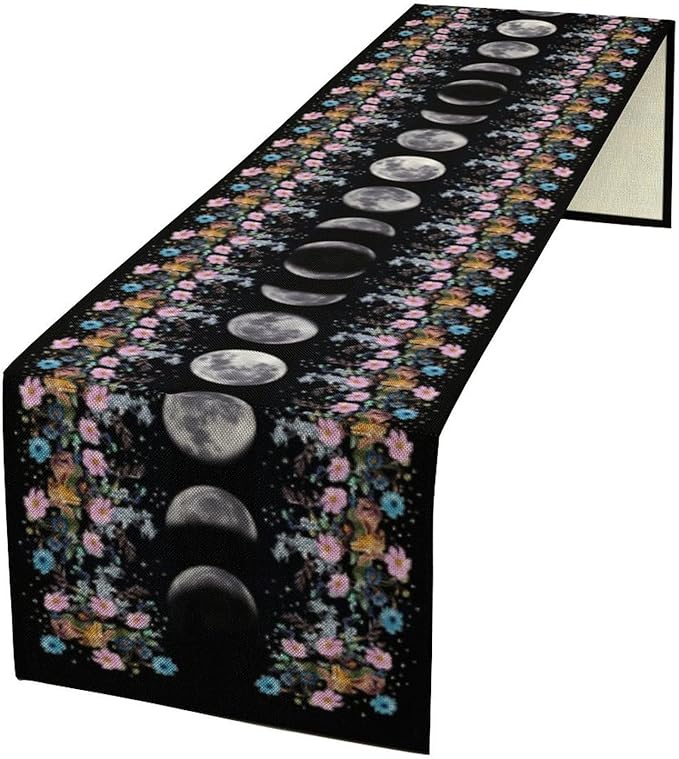 Boho Floral Moon Table Runner, Spring Flower Leaves Mystical Gothic Sun Moon Table Runner for Kitchen Dining Table Home Party,13x60 Inch Purple