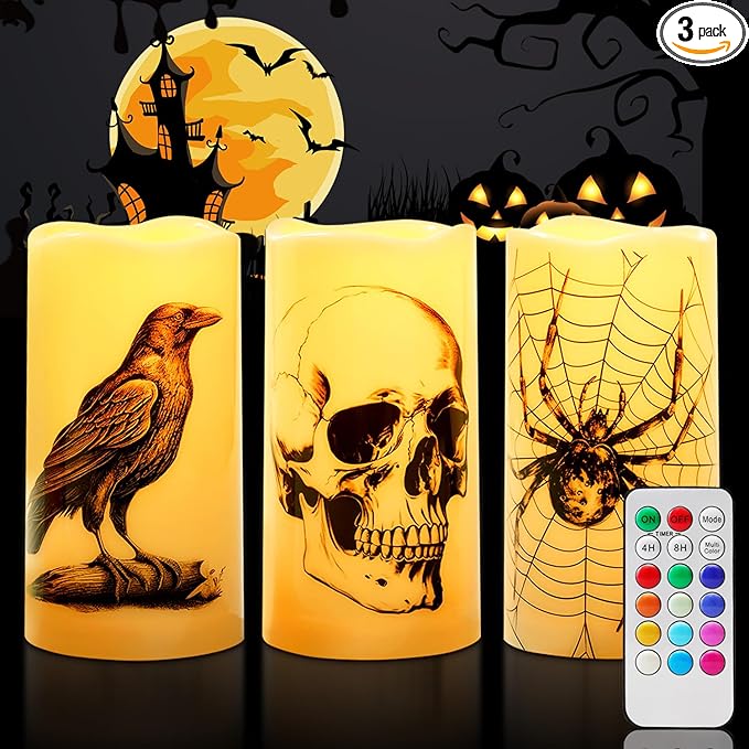 Homemory Halloween Candles, Color Changing Flameless Candle, Battery Opeated Candle, Outdoor Waterproof Plastic Candle with Remote and Timers, Skull, Crow, Spider, 13 Colors, Set of 3
