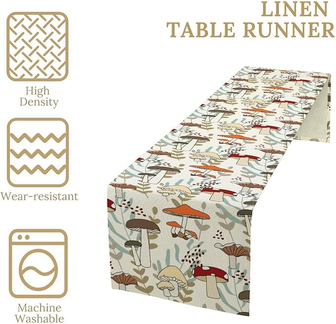 Mushroom Table Runner, Vintage Nature Plant Table Runner for Farmhouse Kitchen Dining Table Decoration for Home Party Decor 13x90 Inch