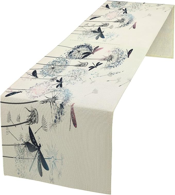 Dandelion Table Runner,Nature Rustic Dragonfly Teal Blue Floral Pattern Print Burlap Tablecloth for Hotel Indoors Outdoor Dining Room Kitchen Table Decor, 13x80in