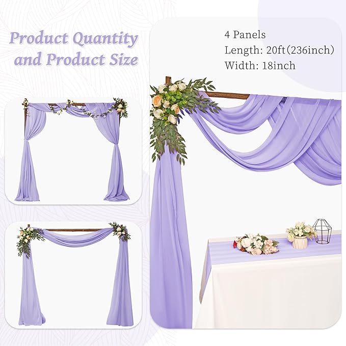 8 Panels Wedding Arch Draping Fabric 28" x 20Ft Wedding Arch Drapes Chiffon Fabric Drape Sheer Backdrop Curtain for Weddings Party Ceremony Baby Shower Arbor Drapery Reception Ceiling Decor(Lavender)