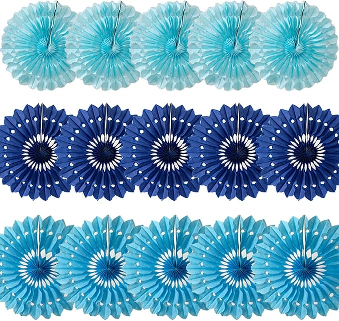 15pcs Blue Tissue Paper Fans Set - 10'' 12'' 14'' Round Honeycomb Fans for Party, Birthday, Wedding Events