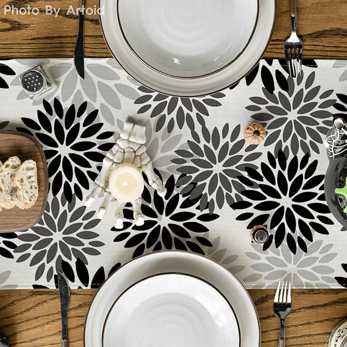Artoid Mode Black Dahlia Floral Pinnata Halloween Table Runner, Fall Autumn Kitchen Dining Table Decoration for Home Party Decor 13x72 Inch