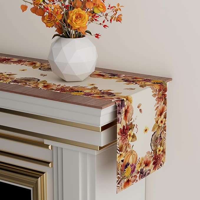 XCHI Fall Color Wild Flowers Watercolor Table Runner Table Decoration for Kitchen Dining Dinner Autumn Home Decor 13x72 Inch