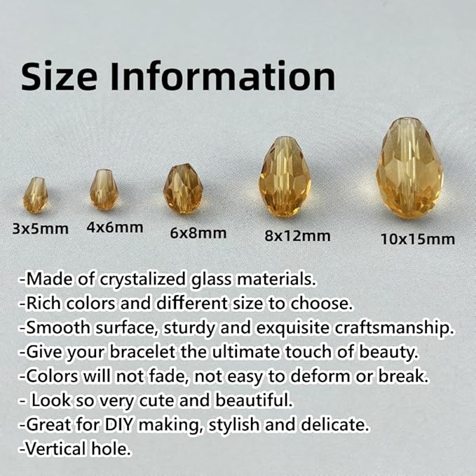 200pcs 3x5mm Teardrop Crystal Glass Beads for Jewelry Making, Faceted Vertical Hole Teardrop Glass Spacer Beads for Wind Chimes Bracelet Earring Necklace DIY Craft(Gold Champagne)
