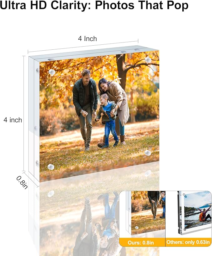 3 Pack 4x4 Acrylic Picture Frames - 20% Thicker Double Sided Magnetic Frame with UV Protection - Freestanding Clear Frameless Display for Tabletops - Modern Photo Frame Set for Home & Office Decor