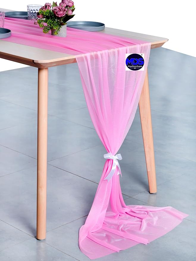 MDS 10 Pack 10ft Chiffon Table Runner 29 x 120 Inches Sheer Wedding Runner Romantic Rustic Table Runner for Wedding Decorations, Birthday Parties, Bridal Shower Party Arch Decor - Bubblegum Pink
