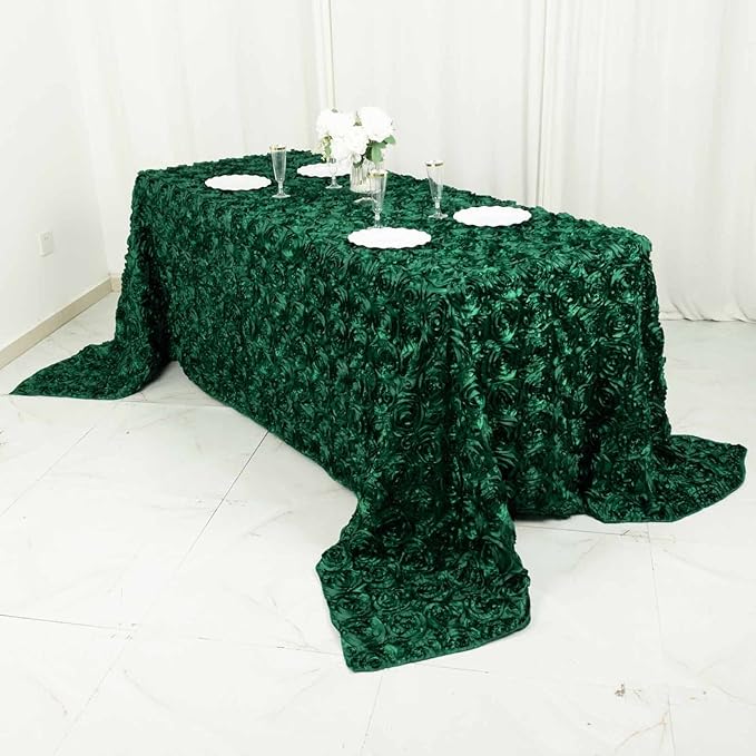 Efavormart 90"X132" Hunter Emerald Green Grandiose 3D Rosette Satin Rectangle Tablecloth for Wedding Party Event