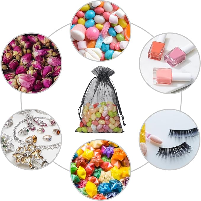 50PCS Sheer Organza Bags, Wedding Favor Bags with Drawstring, 4x6 inches Jewelry Gift Bags for Party, Jewelry, Festival, Makeup (Black)