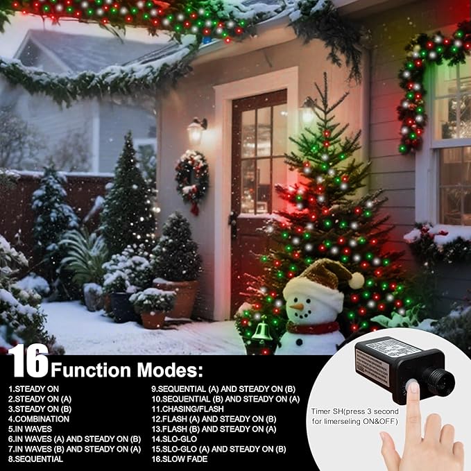 LAMPHOME 33ft Christmas Decorative Mini Lights, 100 LED Transparent Wire Fairy Starry String Lights Plug in, 16 Lighting Modes for Outdoor Xmas Tree Wedding Party Decoration (Red/Green/White)