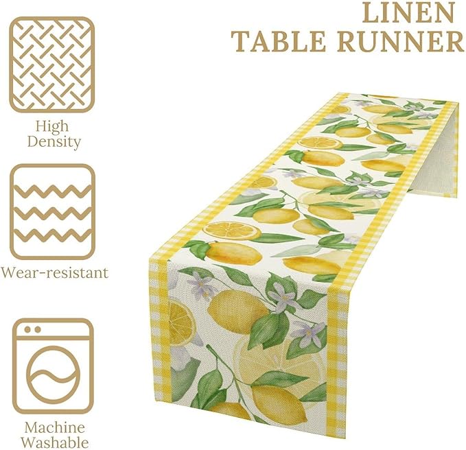 Lemon Table Runner,Yellow White Buffalo Plaid Summer Table Runner for Kitchen Dining Table Home Party Decoration 13x36 Inch