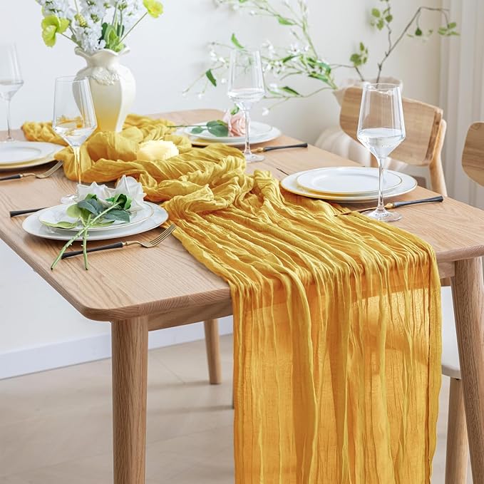Asee'm 3pcs Cheesecloth Table Runner 120 Inches Long Gold Boho Gauze Cheese Cloth Runner 10FT Rustic Sheer Table Runners for Christmas Wedding Party Baby Shower Spring Easter Decoration
