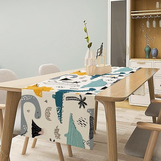 Cartoon Dinosaur Table Runner,Kids Boys Cute Various Dino Moutain Modern Abstract Print Tablecloth Burlap for Hotel Indoors Outdoor Dining Room Kitchen Holiday Party, 13x36in