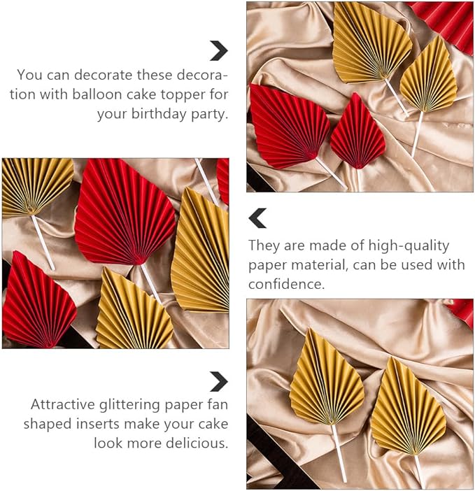 16pcs Golden Tree Leaf Folding Fan Cake Toppers - Elegant Boho Cake Decorations for Birthday Party, Wedding, and Anniversary - 4.33 * 1.96 * 0.39inch