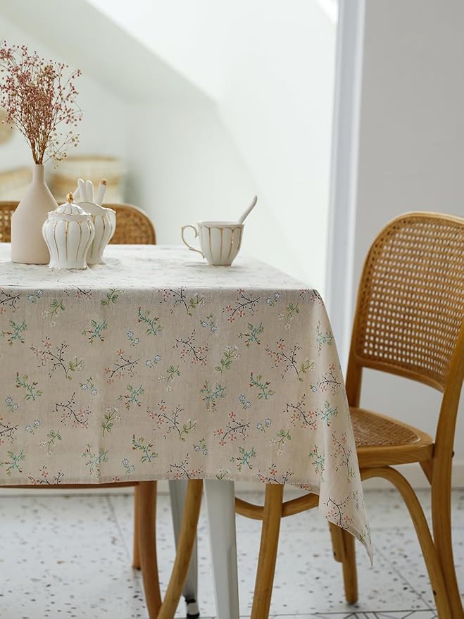 Pastoral Rectangle Tablecloth - 60 x 84 Inch - Beige Linen Table Cloth - Washable Table Cover with Dust-Proof Wrinkle Resistant for Restaurant, Picnic, Bistro, Indoor and Outdoor Dining, Gardenia