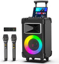 JYX Karaoke Machine with 2 Wireless Mics, 10" Woofer 500W Peak Power Big Portable Bluetooth Speaker with Bass/Treble Adjustment, PA System with Remote Control, LED Lights, Rolling Wheels and Trolley