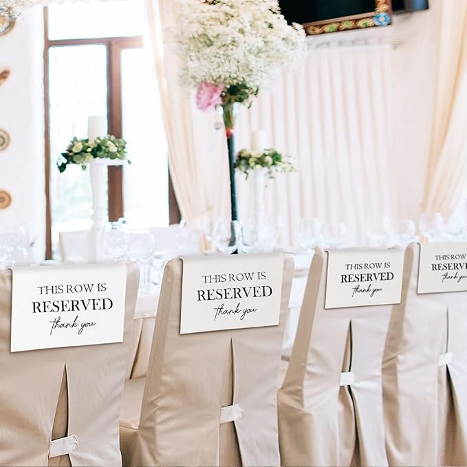 Reserved Seating Chair Signs, This Row Is Reserved Pew Cloths Seating Placeholder for Church Pews, Wedding Decorations for Reception Parties Celebrations Event Meetings (White, 4 PCS)