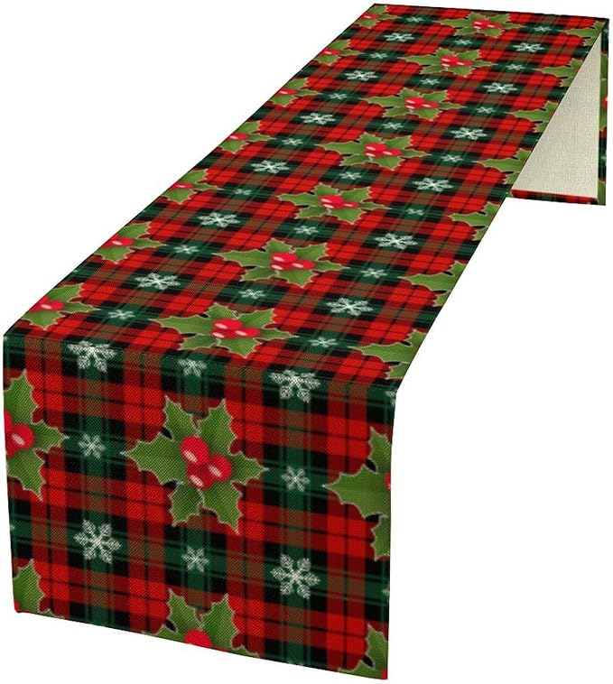 Christmas Table Runner, Red Check Plaid Winter Xmas Holiday Table Cloth Kitchen Dining Table Decoration for Home Party Decor 13x108 Inch