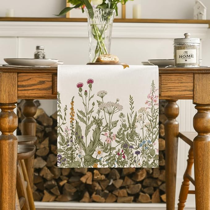 Artoid Mode Antique Herbs and Wild Flowers Summer Table Runner, Spring Fall Kitchen Dining Table Decoration for Home Party 13x108 Inch