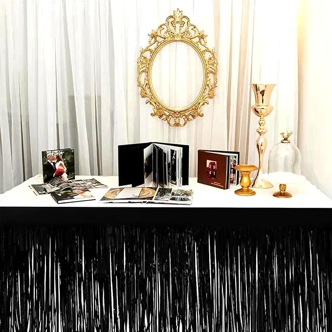 4 Pack 29x108 Inch Metallic Foil Fringe Tinsel Table Skirts for Rectangle Tables Streamer Curtains Backdrop for Halloween, Birthday, Parade Floats, Christmas Party Supplies(Black)
