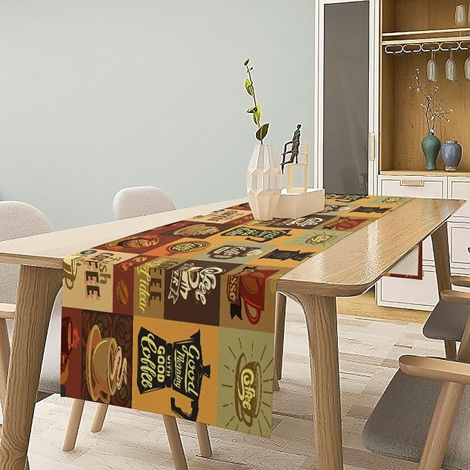 Coffee Table Runner,Vintage Style Coffee Beans Cups Theme Design Pattern Print Tablecloth Burlap for Hotel Indoors Outdoor Dining Room Kitchen Holiday Party, 13x108in