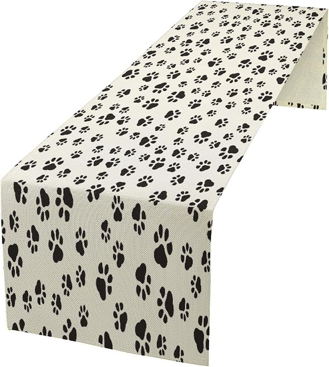 Dog Paws Table Runner,Cartoon Cute Black White Animal Footprints Abstract Tablecloth Burlap for Hotel Indoors Outdoor Dining Room Kitchen Home Decor,W13X L36 in