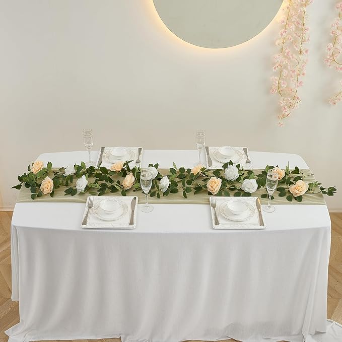 Artificial Rose Garlands Rose Vines Leaves Banners Hanging Floral Garland Fake Rose Flower Vine Wall Decorations, Champagne