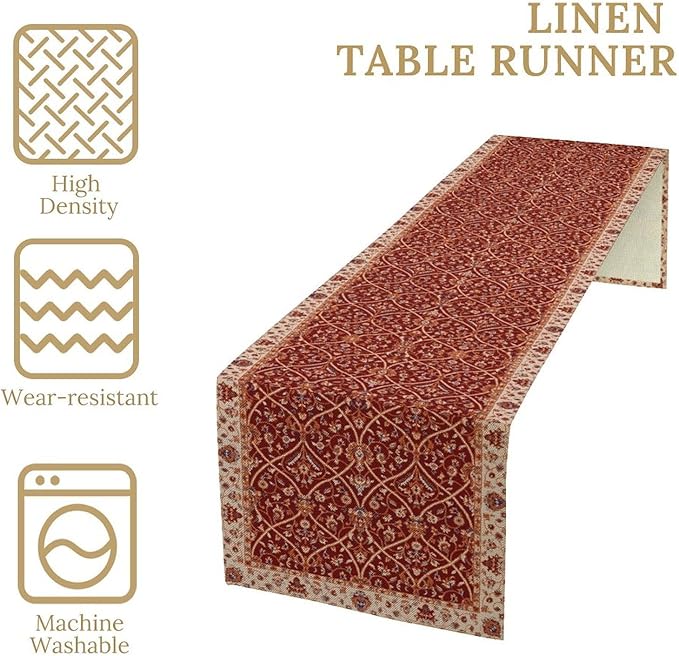Boho Floral Vintage Table Runner, Red Retro Flower Rustic Country Farmhouse Abstract Pattern for Home Kitchen Table Decor Dining Coffee Room Party Decor 13x108in